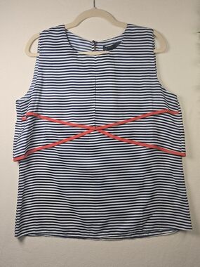 THML NAUTICAL BLUE WHITE STRIPE SLEEVELESS BLOUSE RED TRIM OVERLAY COLLAR NWT LG